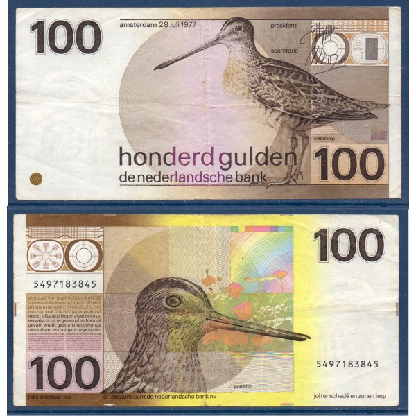Pays Bas P.97a, TTB, Billet de 100 Gulden 1977 Bécassine