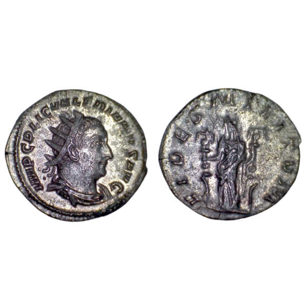 Antoninien de Valerien 1er (253), RIC.89 FIDES MILITVM atelier Rome
