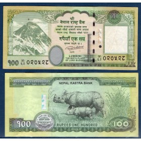 Nepal P.80b, TTB Billet de 100 rupees 2019 Rhinoceros