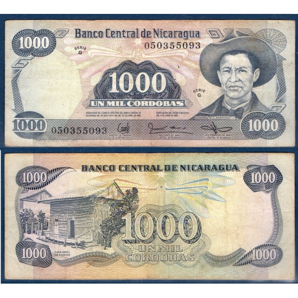 Nicaragua P.145a, TB Billet de 1000 Cordobas 1985 Augusto Cesar Sandino