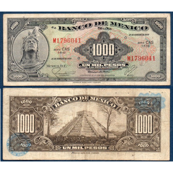 Mexique P.52t, TB Billet de 1000 pesos 1977 Cuauhtemoc