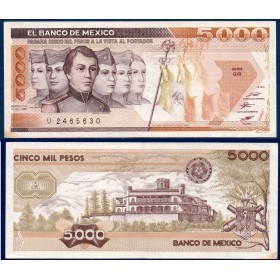 Mexique P.88a, TTB Billetde 5000 pesos 1985 Vincente Suarez
