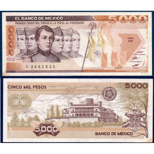 Mexique P.88a, TTB Billetde 5000 pesos 1985 Vincente Suarez