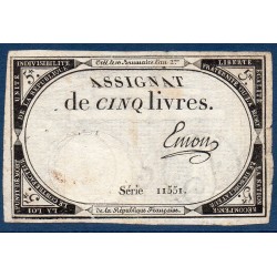 Assignat 5 livres 10 brumaire l'an 2 TTB signature Emon