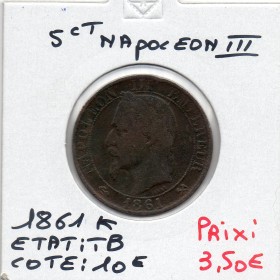 5 centimes Napoléon III tête laurée 1861 K Bordeaux TB