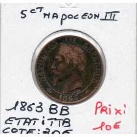 5 centimes Napoléon III tête laurée 1863 BB Paris TTB
