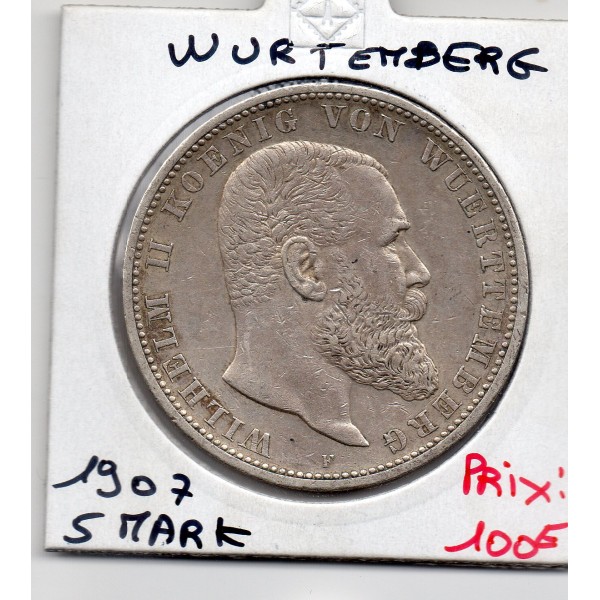 Wurtemberg 5 Mark 1907 F TTB+ KM.632 Guillaume II