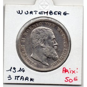 Wurtemberg 3 Mark 1914 TTB KM.635 Guillaume II