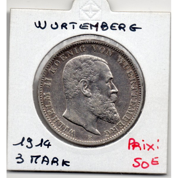Wurtemberg 3 Mark 1914 TTB KM.635 Guillaume II