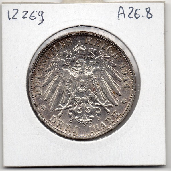 Wurtemberg 3 Mark 1914 TTB KM.635 Guillaume II