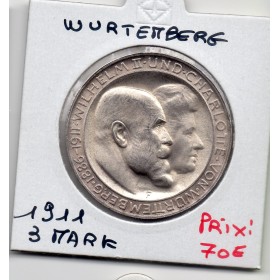 Wurtemberg 3 Mark 1911 Sup+ KM.636 Guillaume II et Charlotte