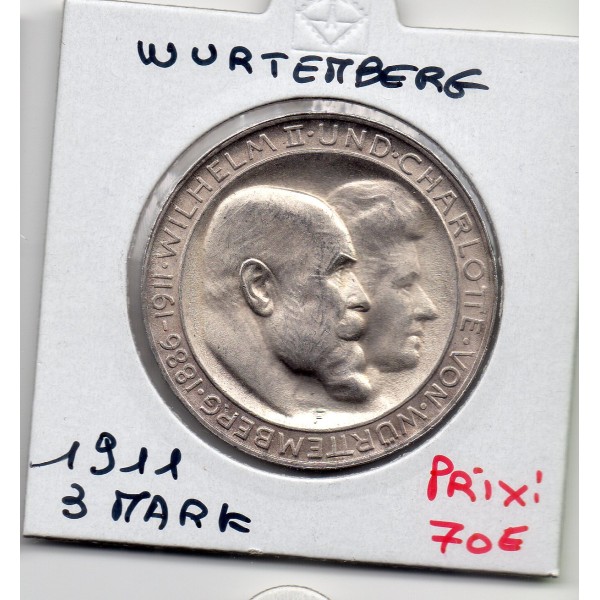 Wurtemberg 3 Mark 1911 Sup+ KM.636 Guillaume II et Charlotte