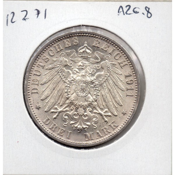 Wurtemberg 3 Mark 1911 Sup+ KM.636 Guillaume II et Charlotte