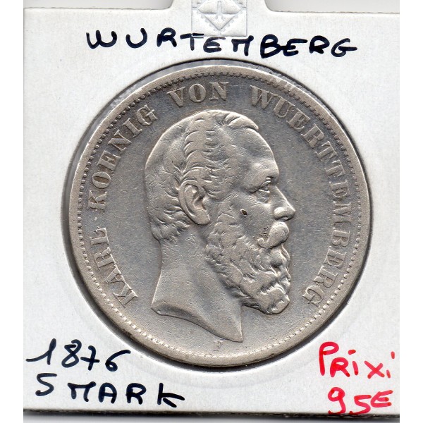 Wurtemberg 5 Mark 1876 F TTB KM.623 karl 1er
