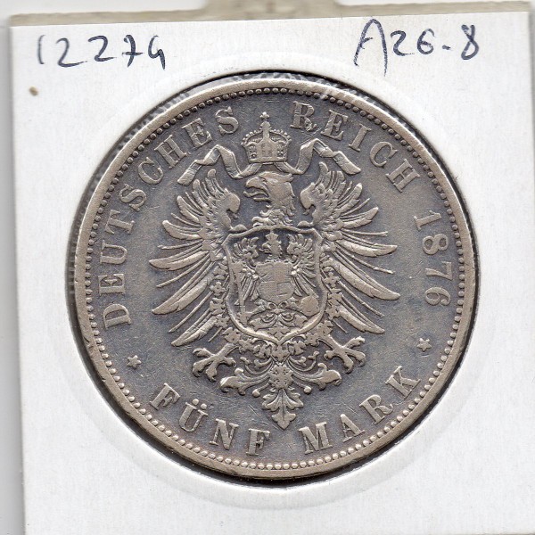 Wurtemberg 5 Mark 1876 F TTB KM.623 karl 1er