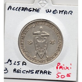 Allemagne weimar 3 reichsmark 1925 A, TTB+ KM.45 Rhénanie