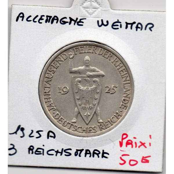 Allemagne weimar 3 reichsmark 1925 A, TTB+ KM.45 Rhénanie