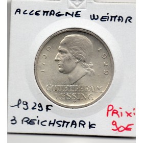 Allemagne weimar 3 reichsmark 1929 F, Sup KM.60 Gotthold Lessing