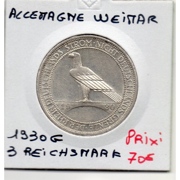 Allemagne weimar 3 reichsmark 1930 G, Sup KM.70 Libération Rhénanie