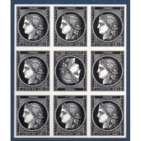 Timbre France Yvert No 5305A bloc de 9 avec tete beche au centre ceres noir 0.20€ neufs luxes **