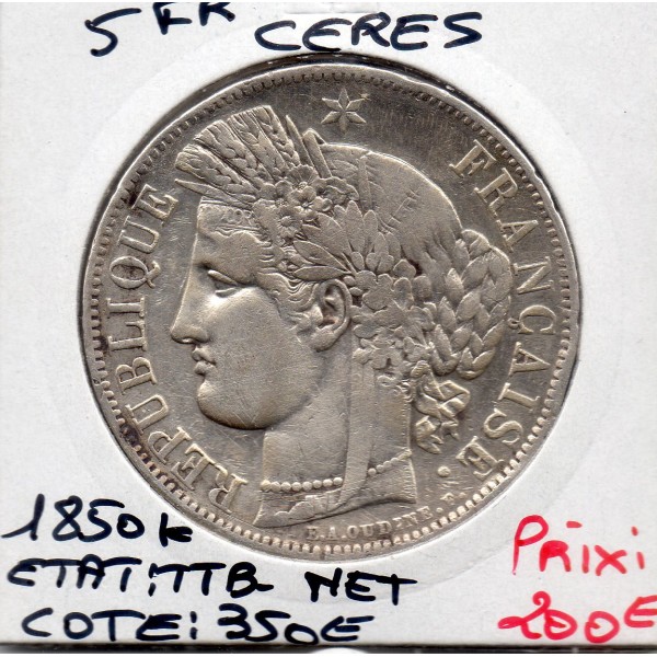 5 francs Cérès 1850 K Bordeaux TTB- nettoyée