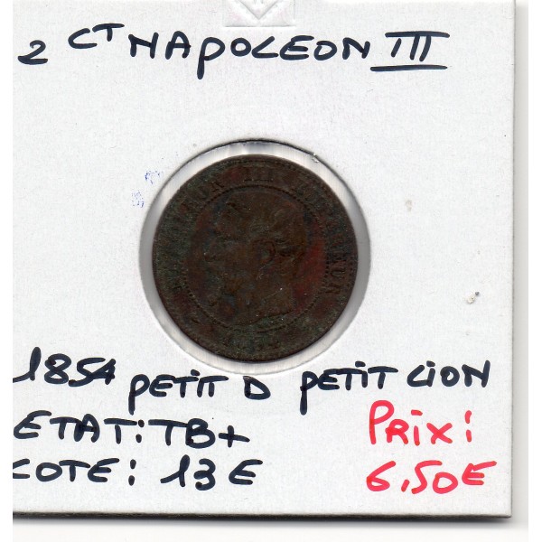 2 centimes Napoléon III tête nue 1854 petit D petit lion Lyon TB+