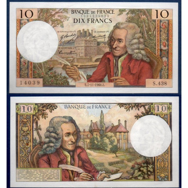 10 Francs Voltaire, TTB, 7.11.1968 Billet de la banque de France
