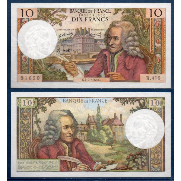 10 Francs Voltaire, TTB, 4.7.1968 Billet de la banque de France