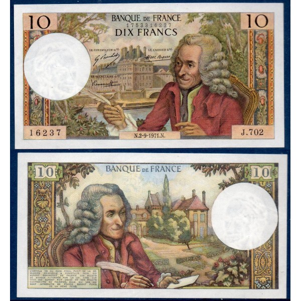 10 Francs Voltaire, TTB, 2.9.1971 Billet de la banque de France