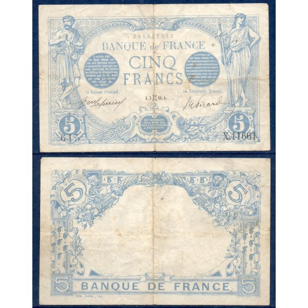 5 Francs Bleu, TB, 3.5.1916 Billet de la banque de France
