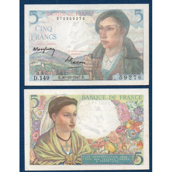 5 Francs Berger, Sup, 30.10.1947 Billet de la banque de France