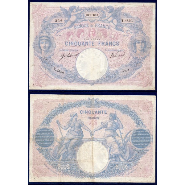 50 Francs Bleu et Rose, TB, 25.1.1913 Billet de la banque de France