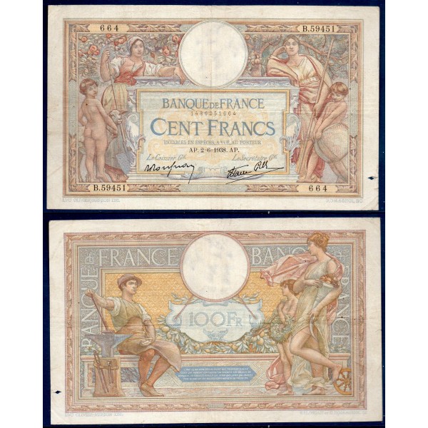 100 Francs LOM, TB, 2.6.1938 Billet de la banque de France
