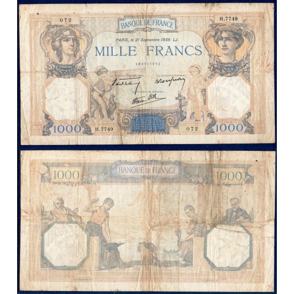 1000 Francs Cérès et Mercure, TB, 21.9.1939, Billet de la banque de France