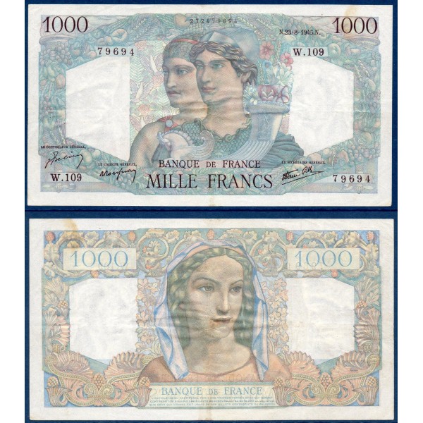 1000 Francs Minerve et Hercule, TTB, 23.8.1945 Billet de la banque de France