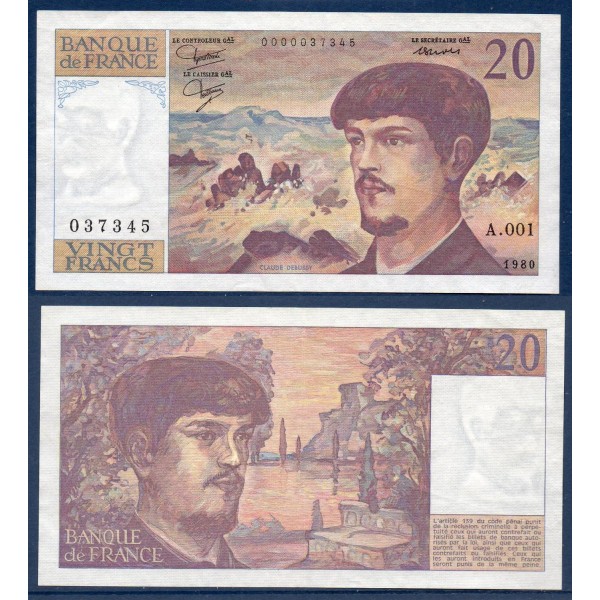20 Francs Debussy, TTB, 1980 Lettre A.001, Billet de la banque de France