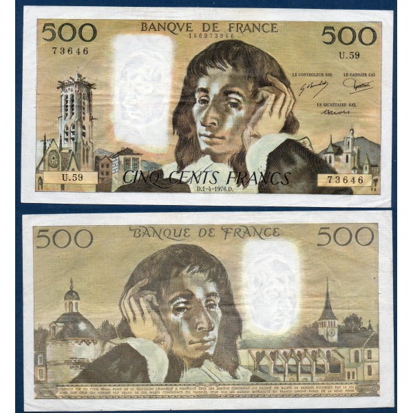 500 Francs Pascal, TTB, 1.4.1976  Billet de la banque de France