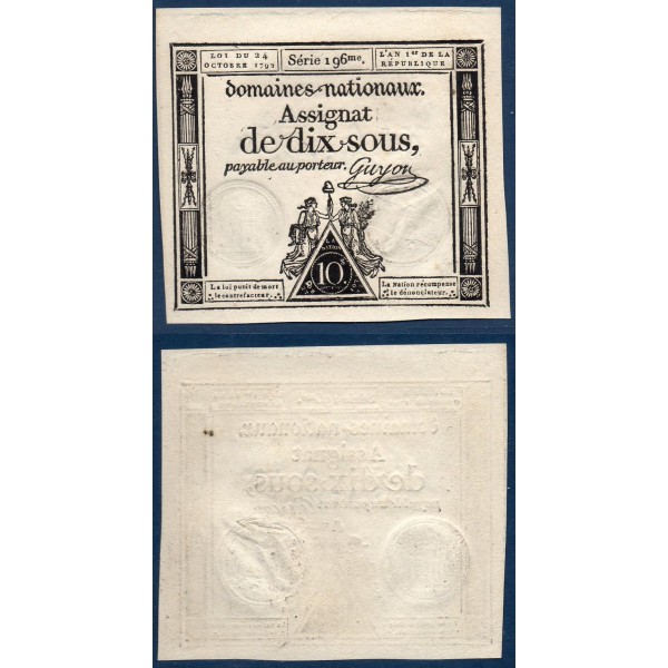 Assignat 10 sols, 24.10.1792, NEUF, signature Guyon