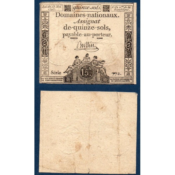 Assignat 15 sols 23.5.1793, TB, signature Buttin