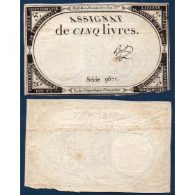 Assignat 5 livres, 10 brumaire l'an 2, TB, signature Bot