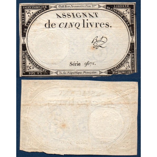 Assignat 5 livres, 10 brumaire l'an 2, TB, signature Bot