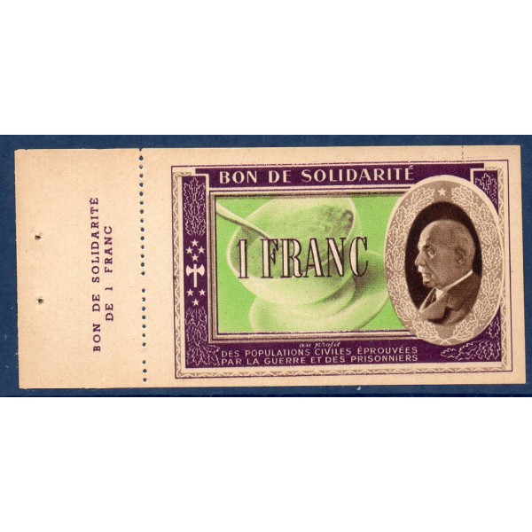 Bon de Solidarité, billet de 1 franc Pétain, Neuf,  1941-1944 avec talon