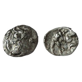Calabre, Tarente diobole argent (-380 à -325) Minerve et hercule