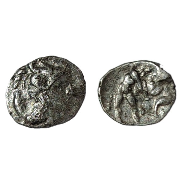 Calabre, Tarente diobole argent (-380 à -325) Minerve et hercule