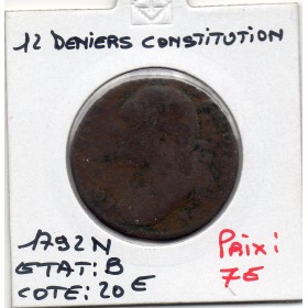 12 denier Constitution Louis XVI 1792 N Montpellier B