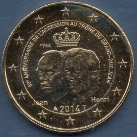 2 euros commémorative doré, Luxembourg 2014, 50 ans Grand Duc Jean pièce de monnaie €