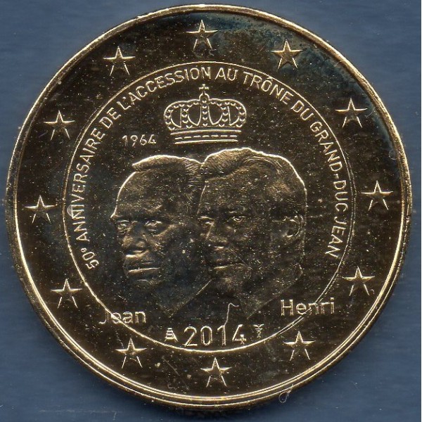 2 euros commémorative doré, Luxembourg 2014, 50 ans Grand Duc Jean pièce de monnaie €