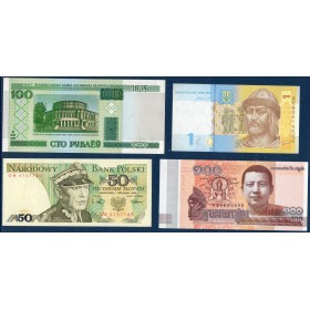 Lot de 4 Billets 1 Biélorussie, 1 Cambodge, 1 Pologne et 1 Ukraine, Neuf