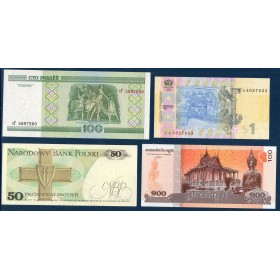 Lot de 4 Billets 1 Biélorussie, 1 Cambodge, 1 Pologne et 1 Ukraine, Neuf