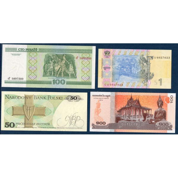 Lot de 4 Billets 1 Biélorussie, 1 Cambodge, 1 Pologne et 1 Ukraine, Neuf